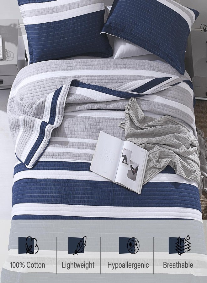 PERHOM Quilts Queen Size Navy Blue Striped Queen Quilt, 100% Cotton Queen Quilts with 2 Shams, Lightweight Soft Bedspreads/Coverlet/Bedding Set for All Season, 3 Pieces - Image 4