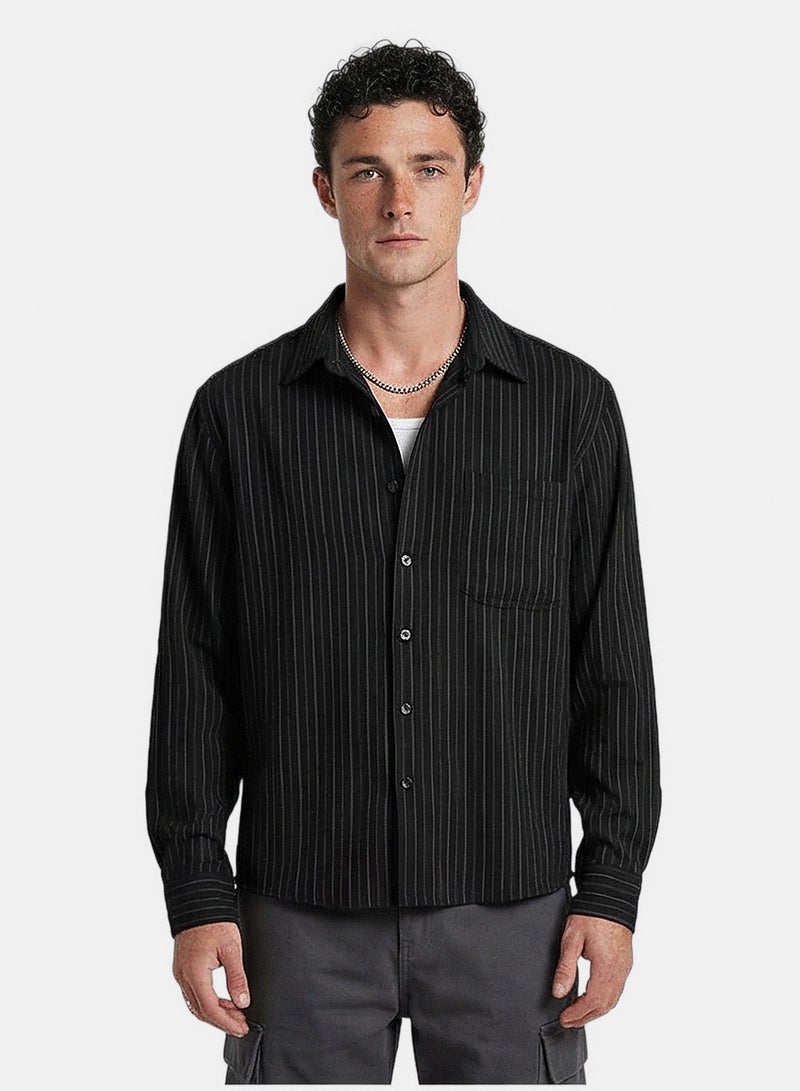 RAVIN Men Black Pinstripe Relaxed Fit Long Sleeve Shirt - Image 1