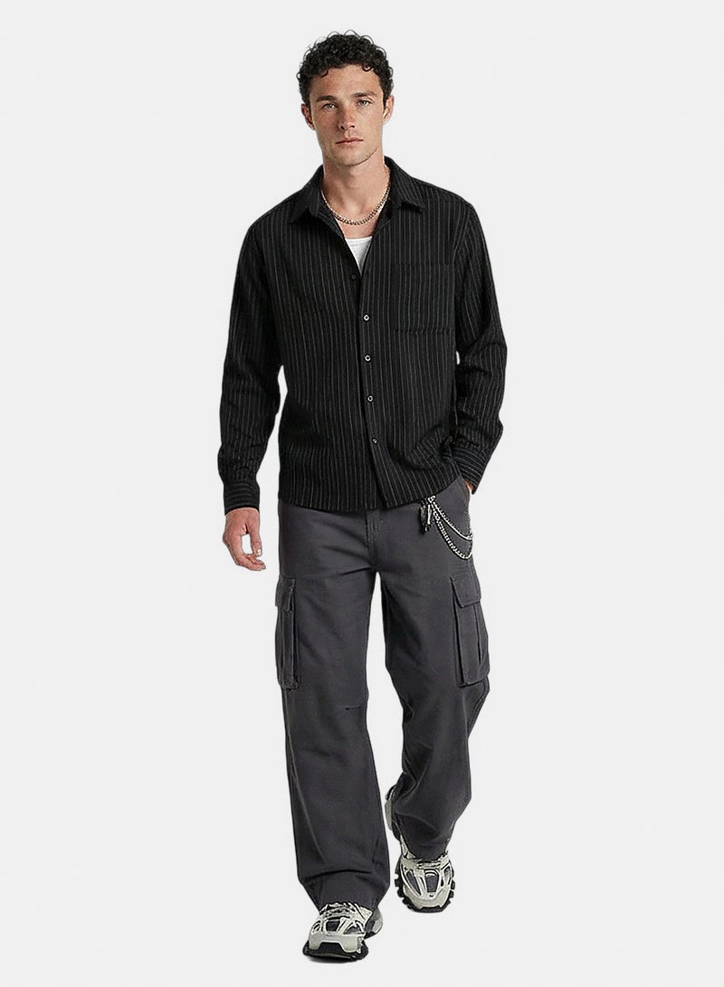 RAVIN Men Black Pinstripe Relaxed Fit Long Sleeve Shirt - Image 3