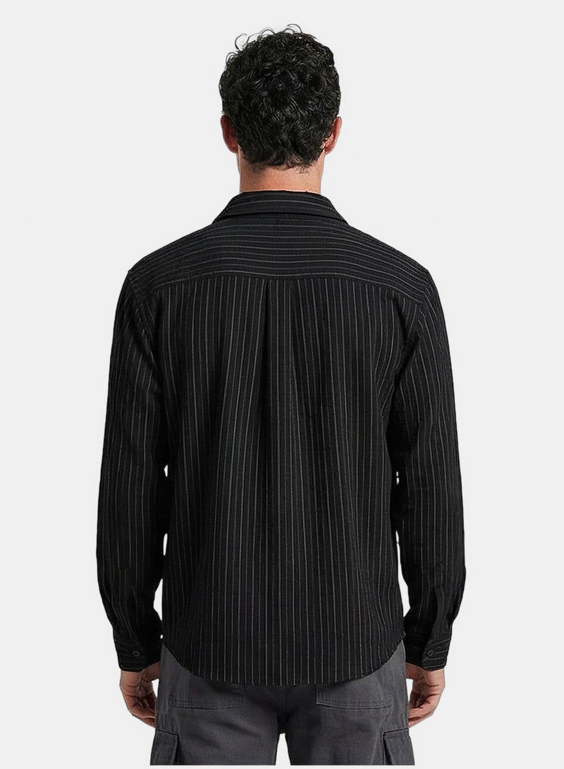 RAVIN Men Black Pinstripe Relaxed Fit Long Sleeve Shirt - Image 2