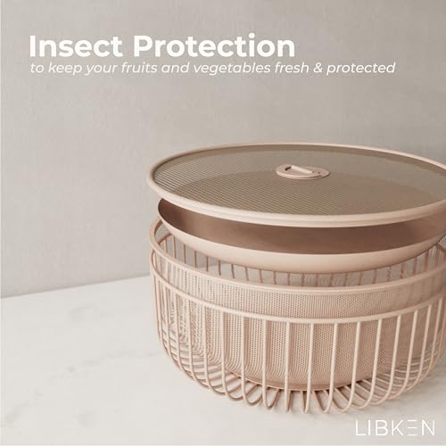 LIBKEN Metal Fruit Bowl with Mesh Lid and Basket - Fruit and Vegetable Holder For Kitchen Counter - Countertop Display Baskets Organizer - Bowl Storage for Veggie, Fruits, Snack, and Banana - Peach - Image 2