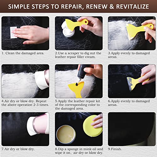 SEISSO Leather Repair Kit for Furniture, Vinyl Leather Repair Kit Car Interior Leather Dye with Mink Oil, Leather Filler Restore for Sofa Couch Cat Scratches Vinyl Seat - Image 4