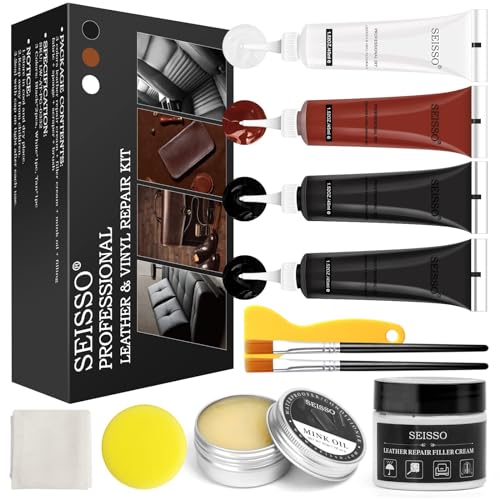 SEISSO Leather Repair Kit for Furniture, Vinyl Leather Repair Kit Car Interior Leather Dye with Mink Oil, Leather Filler Restore for Sofa Couch Cat Scratches Vinyl Seat - Image 1