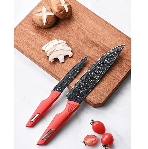 Eletree Multipurpose Luxurious PP Marble Coated Combo 6 Pieces Professional Kitchen Knife Set Meat Butcher Bread Paring Utility Chef Knife with Peeler Red - Image 4