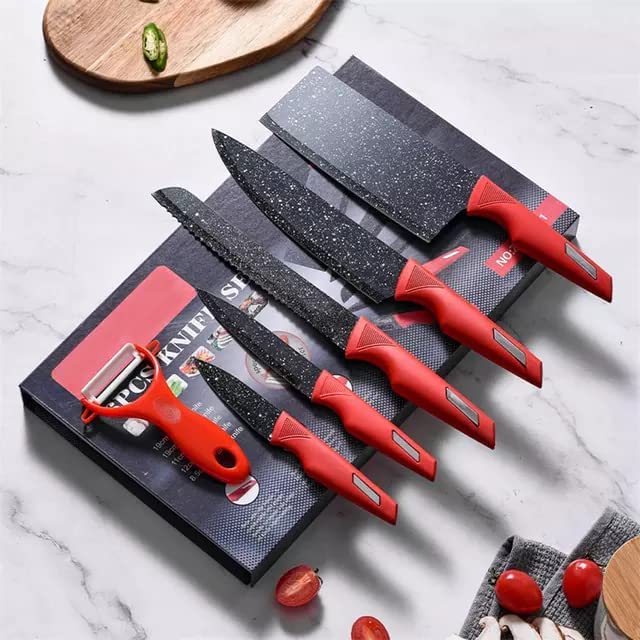 Eletree Multipurpose Luxurious PP Marble Coated Combo 6 Pieces Professional Kitchen Knife Set Meat Butcher Bread Paring Utility Chef Knife with Peeler Red - Image 3
