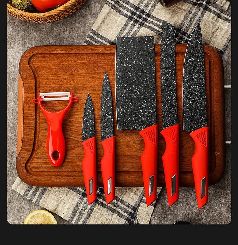 Eletree Multipurpose Luxurious PP Marble Coated Combo 6 Pieces Professional Kitchen Knife Set Meat Butcher Bread Paring Utility Chef Knife with Peeler Red - Image 1