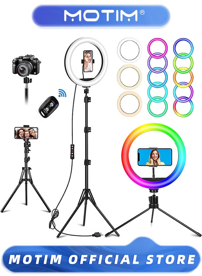 Motim 10" Selfie Ring Light with Stand and Phone Holder Desk Tripod with 37 RGB Lighting Modes & Remote & Circle Ringlight Dimmable for iPhone/Android Camera for Photo & Video Recording