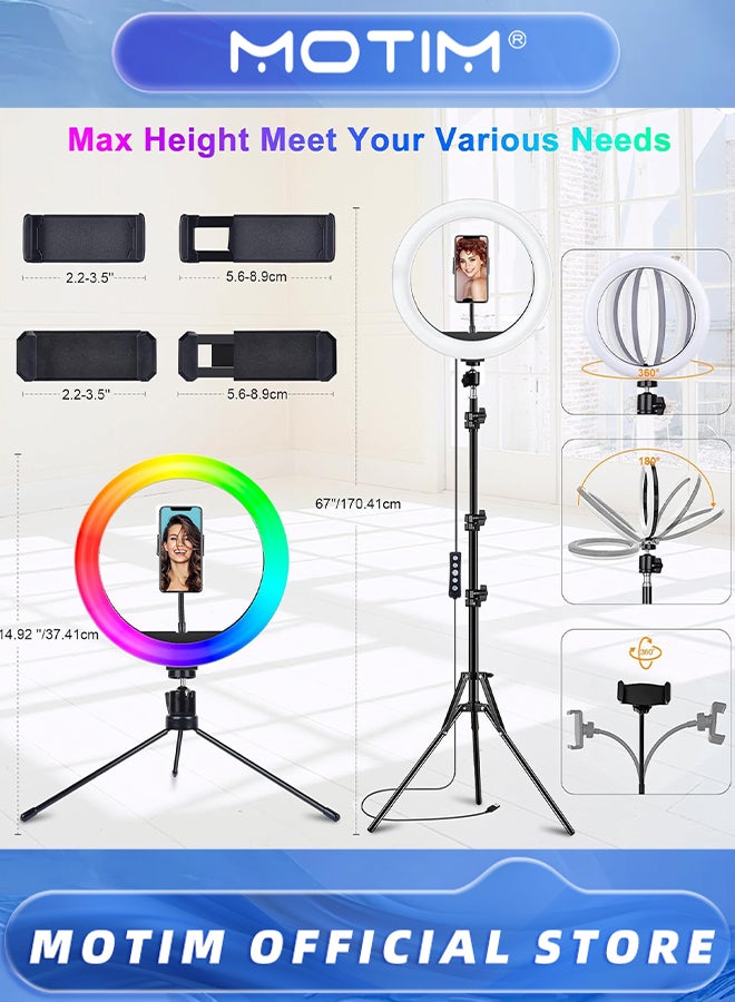 Motim 10" Selfie Ring Light with Stand and Phone Holder Desk Tripod with 37 RGB Lighting Modes & Remote & Circle Ringlight Dimmable for iPhone/Android Camera for Photo & Video Recording - Image 2