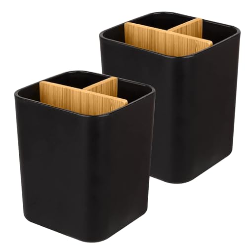 Heagoale Bamboo Toothbrush Holder for Bathrooms, 3 Slots Toothbrush and Toothpaste Holder Bathroom Counter Organizer for Electric Toothbrushes, Floss, Razors, 2 Pack, Black - Image 1