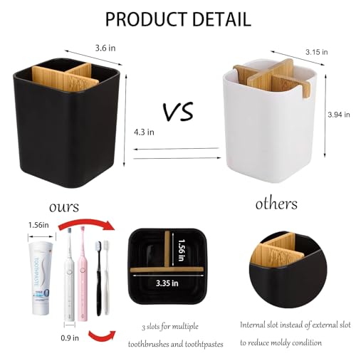 Heagoale Bamboo Toothbrush Holder for Bathrooms, 3 Slots Toothbrush and Toothpaste Holder Bathroom Counter Organizer for Electric Toothbrushes, Floss, Razors, 2 Pack, Black - Image 3