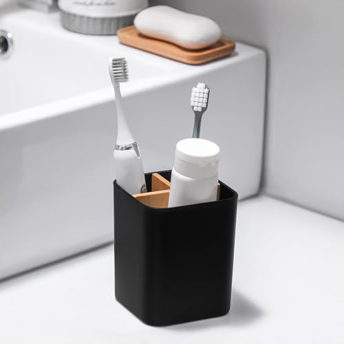 Heagoale Bamboo Toothbrush Holder for Bathrooms, 3 Slots Toothbrush and Toothpaste Holder Bathroom Counter Organizer for Electric Toothbrushes, Floss, Razors, 2 Pack, Black - Image 2