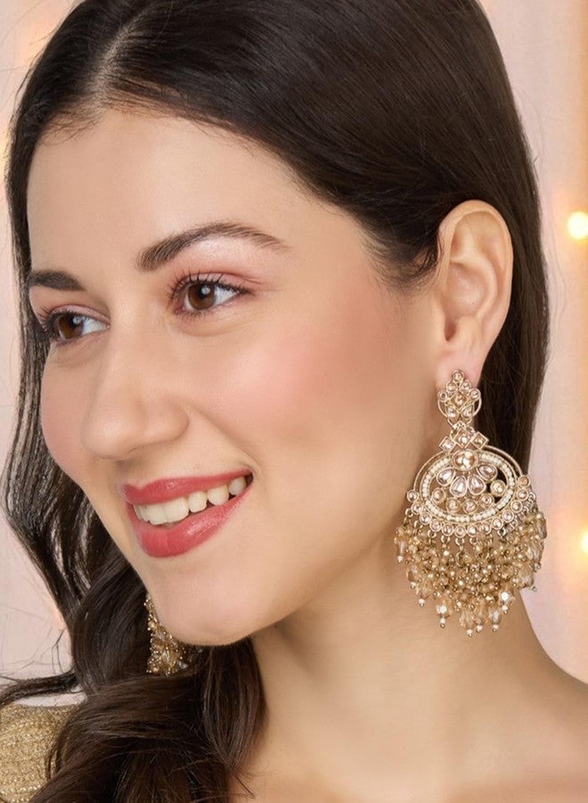 fabula Jewellery Champagne Color Drop Earrings - Mehndi Gold Tone - Kundan & Pearls - For Women & Girls Stylish Latest (DJE518_Z)- For Women & Girls Stylish Latest - Image 5