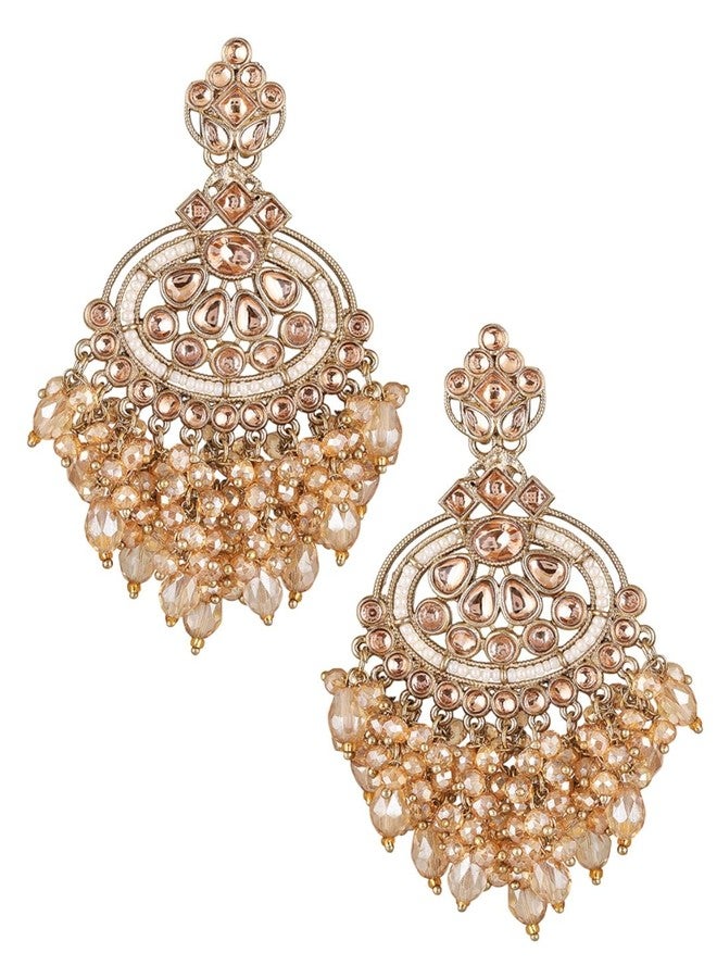 fabula Jewellery Champagne Color Drop Earrings - Mehndi Gold Tone - Kundan & Pearls - For Women & Girls Stylish Latest (DJE518_Z)- For Women & Girls Stylish Latest - Image 1
