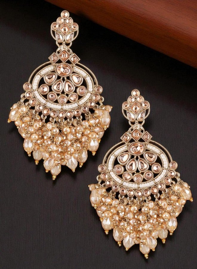 fabula Jewellery Champagne Color Drop Earrings - Mehndi Gold Tone - Kundan & Pearls - For Women & Girls Stylish Latest (DJE518_Z)- For Women & Girls Stylish Latest - Image 4