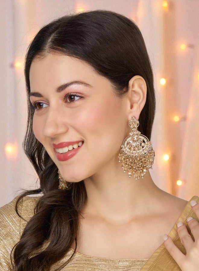 fabula Jewellery Champagne Color Drop Earrings - Mehndi Gold Tone - Kundan & Pearls - For Women & Girls Stylish Latest (DJE518_Z)- For Women & Girls Stylish Latest - Image 3