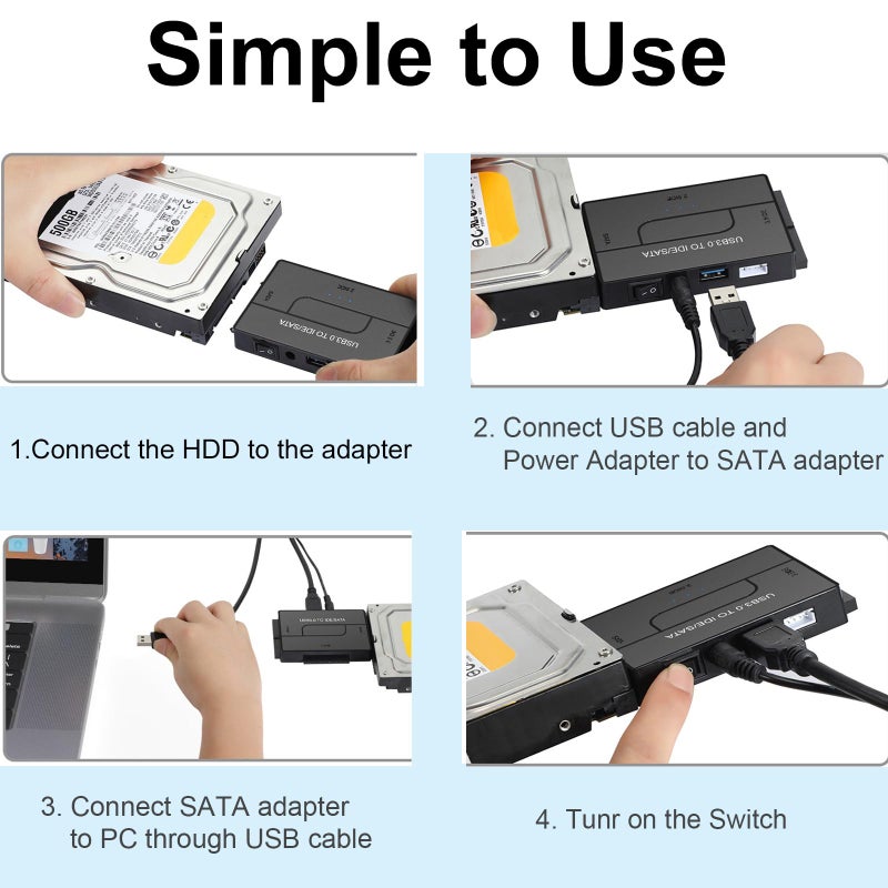 EYOOLD SATA IDE to USB 3.0 Adapter for 2.5/3.5 HDD/SSD Hard Drive Disk, Hard Drive Reader Ultra Recovery Conveter Cable Universal Data Transfer SATA to USB Adapter with Power Supply - Image 5