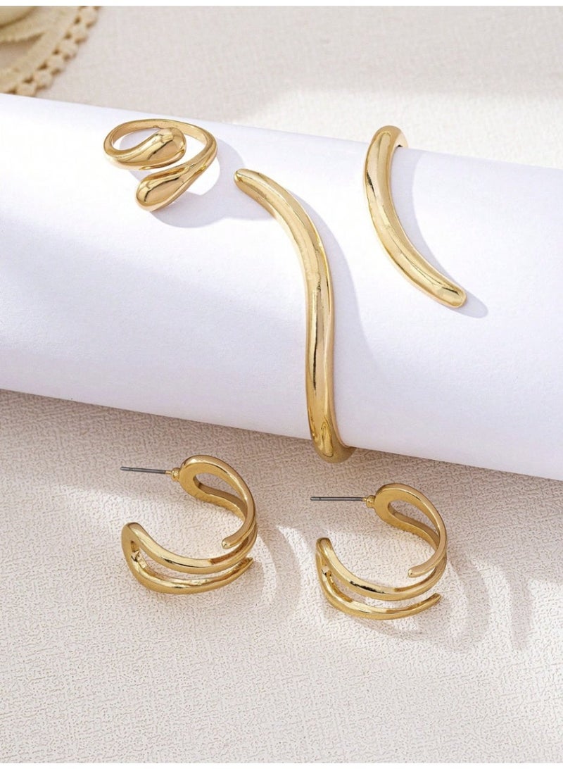 مجموعة إكسسورات فاخرة مكونة من أربع قطع (سوار + خواتم + أقراط + قلادة) بتصميم قطرة الدمع باللون الذهبي المطفي - Image 4