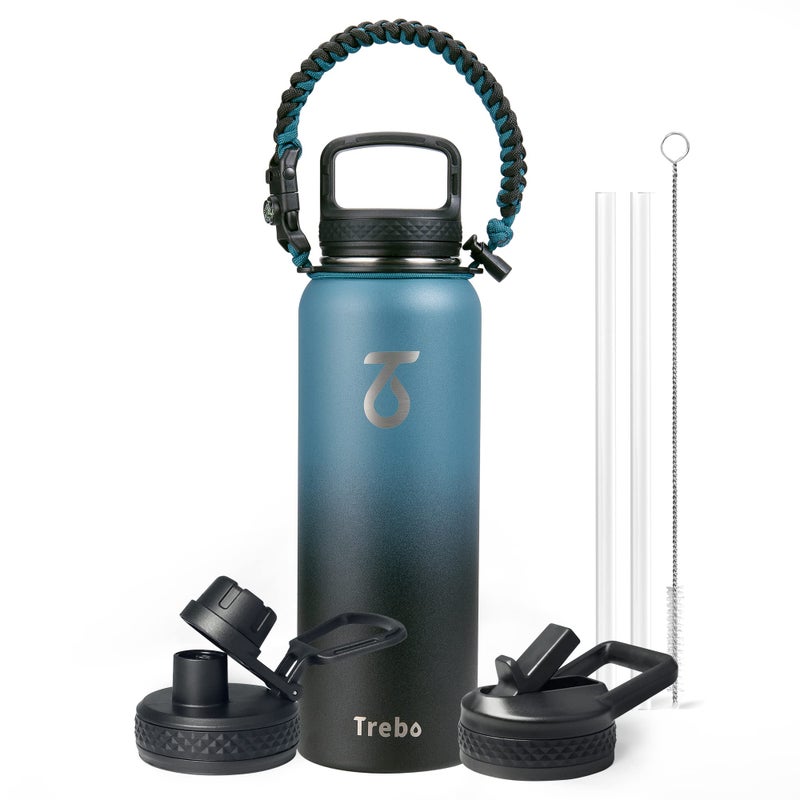 Trebo Water Bottle Insulated 40oz with Paracord Handle Vacuum Double Wall Stainless Steel Water Jug 48hr Cold Retention Leakproof BPAFree Flask With 3 Lids Fits in Car Cup Holder IndigoBlack
