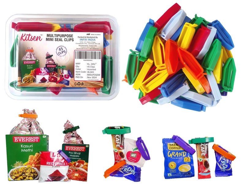 KITSEN 45 Pcs Multipurpose Mini Seal Clips for Small Food Bags, Small Snack Packets, All types of Sachets to Keep Bag Content Fresh and Intact. Packed in a Reusable Plastic Box (Multi Color) - Image 1