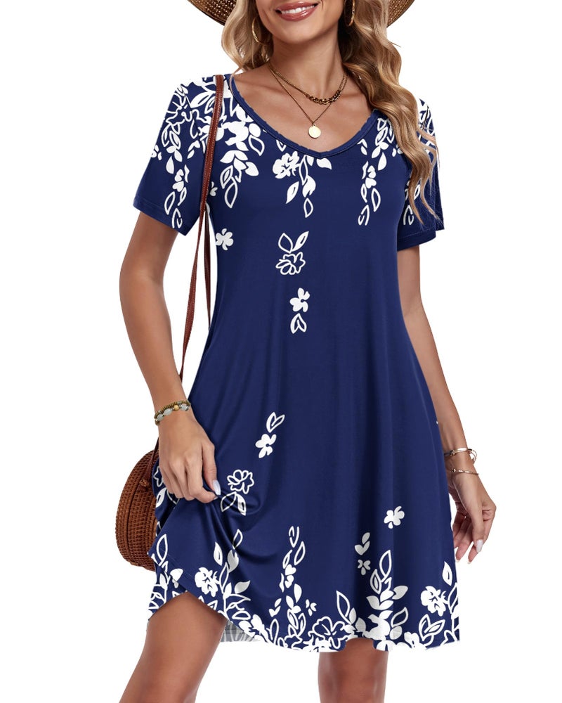 AUSELILY Summer Dresses for Women Short Sleeve V Neck Tshirt Swing Floral Vacation Beach Mini Dress with Pockets 2026 Navy Blue White Floral L - Image 1