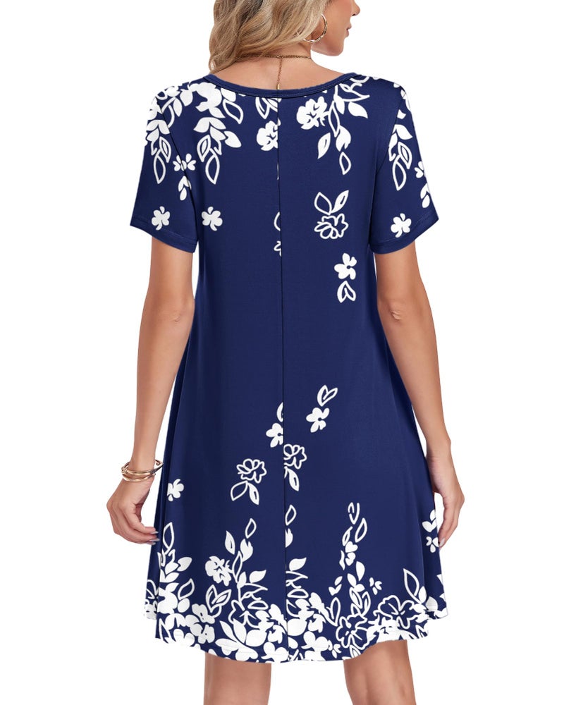 AUSELILY Summer Dresses for Women Short Sleeve V Neck Tshirt Swing Floral Vacation Beach Mini Dress with Pockets 2026 Navy Blue White Floral L - Image 3