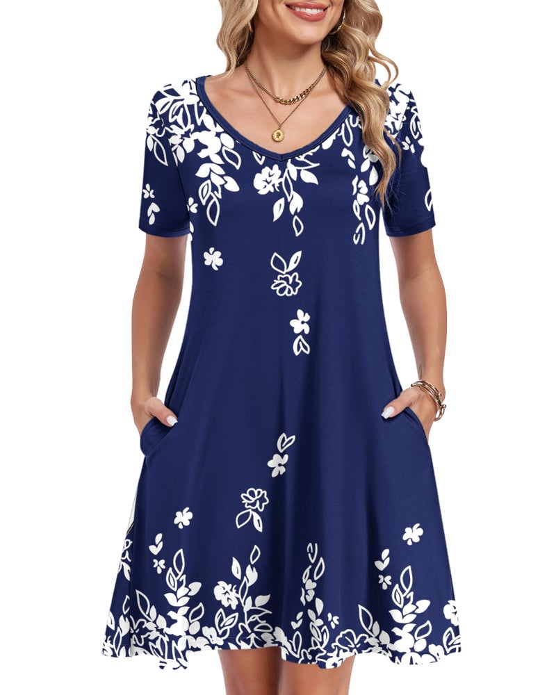 AUSELILY Summer Dresses for Women Short Sleeve V Neck Tshirt Swing Floral Vacation Beach Mini Dress with Pockets 2026 Navy Blue White Floral L - Image 4