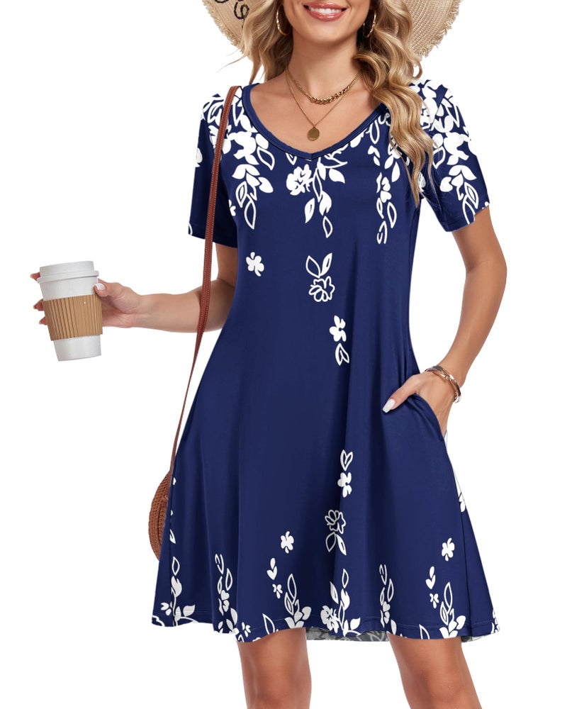 AUSELILY Summer Dresses for Women Short Sleeve V Neck Tshirt Swing Floral Vacation Beach Mini Dress with Pockets 2026 Navy Blue White Floral L - Image 2