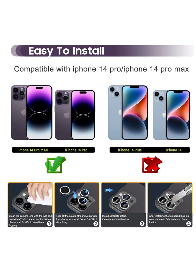 for iPhone 14 Pro 6.1 inch /14 Pro Max 6.7 inch Camera Lens Protector, Set with Diamonds Bling Camera Cover Tempered Glass for iPhone 14 Pro Max /14 Pro [Perfectly Fit] - Diamond Black - Image 2