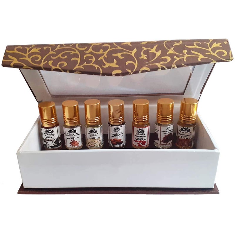 Mayin ChandanEKhass Chocolate Raat Ki Rani Yellow Champa Kasturi Musk Jasmine Rose Fresh Attar Combo Pack Of 7 3ml - Image 3