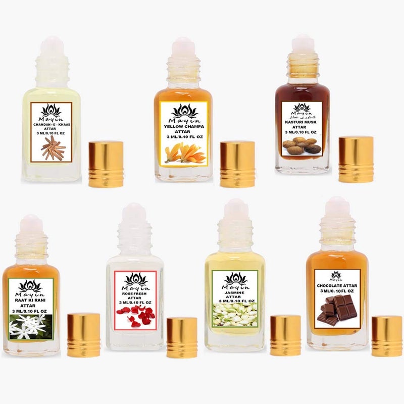 Mayin ChandanEKhass Chocolate Raat Ki Rani Yellow Champa Kasturi Musk Jasmine Rose Fresh Attar Combo Pack Of 7 3ml - Image 2