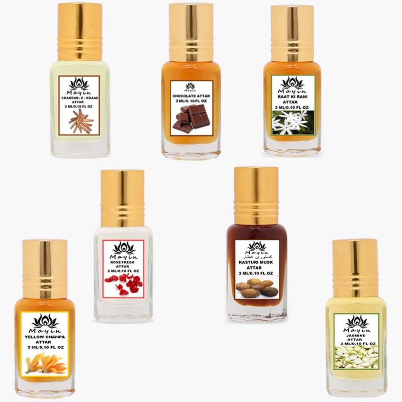 Mayin ChandanEKhass Chocolate Raat Ki Rani Yellow Champa Kasturi Musk Jasmine Rose Fresh Attar Combo Pack Of 7 3ml - Image 1