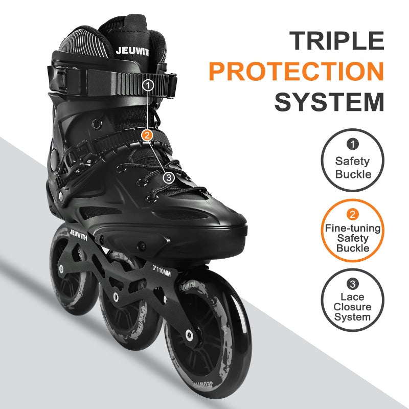 JEUWITH Inline Skates for Men Women, 3 Wheels 110mm Blades Roller for Adult Male Female, Classic Outdoor Fitness Inline Speed Skates for Unisex (Black) - Image 2