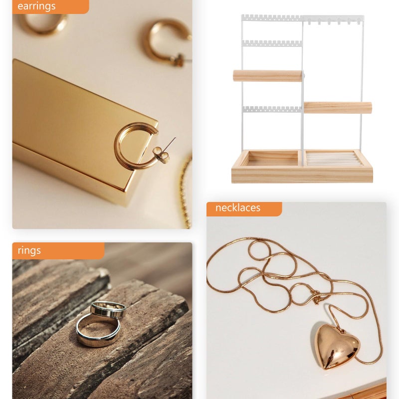 Jewelry Organizer Stand with Wood Tray White Jewelry Storage Display Rack for Rings Earrings Necklace Bracelet - Image 4