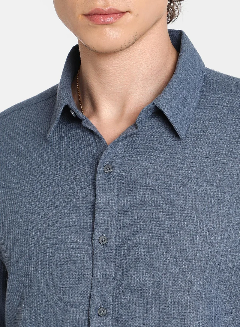 CAHOOT  Men's Lapis Blue Waffle-Knit Shirt For Casual Wear | Spread Collar | Long Sleeve | Button Closure | Shirt Crafted With Comfort Fit For Everyday Wear for Men | Best Price UAE