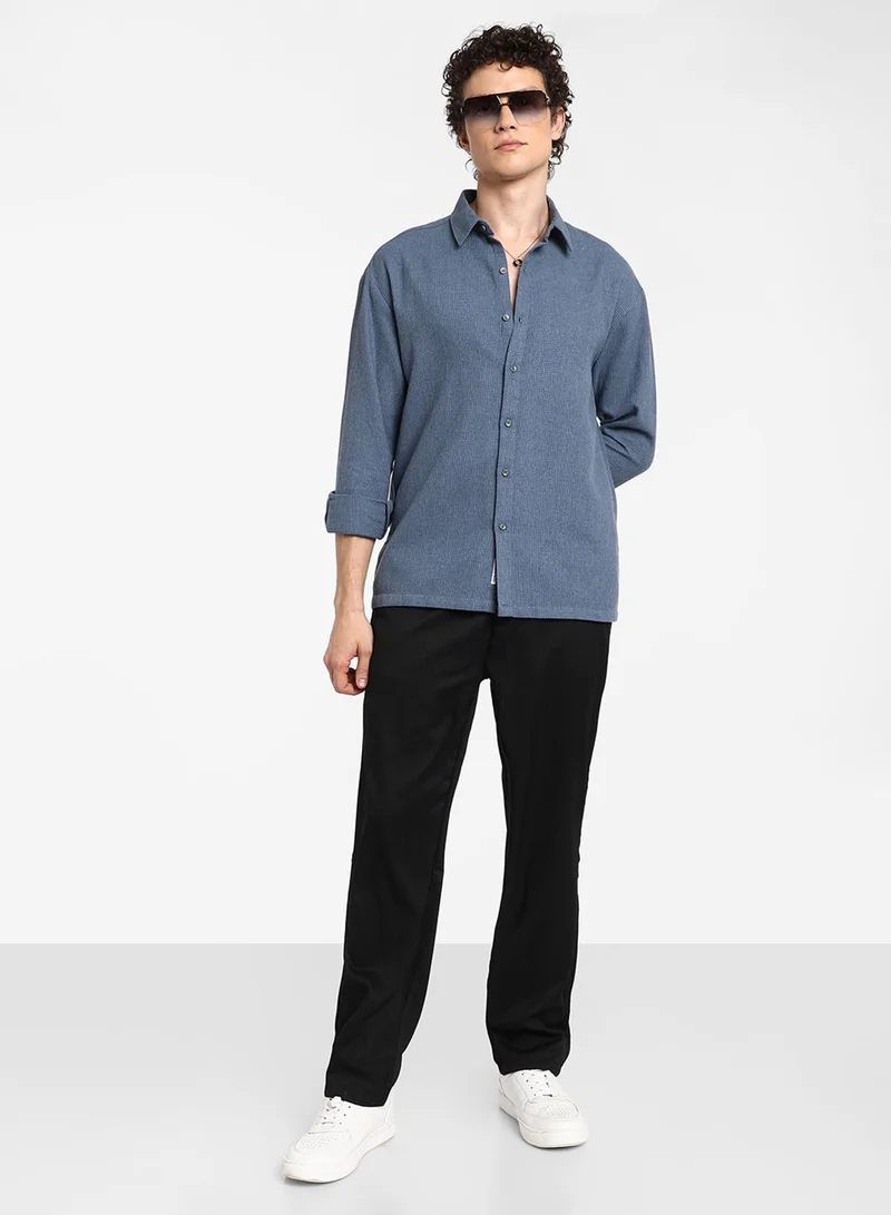 CAHOOT  Men's Lapis Blue Waffle-Knit Shirt For Casual Wear | Spread Collar | Long Sleeve | Button Closure | Shirt Crafted With Comfort Fit For Everyday Wear for Men | Best Price UAE