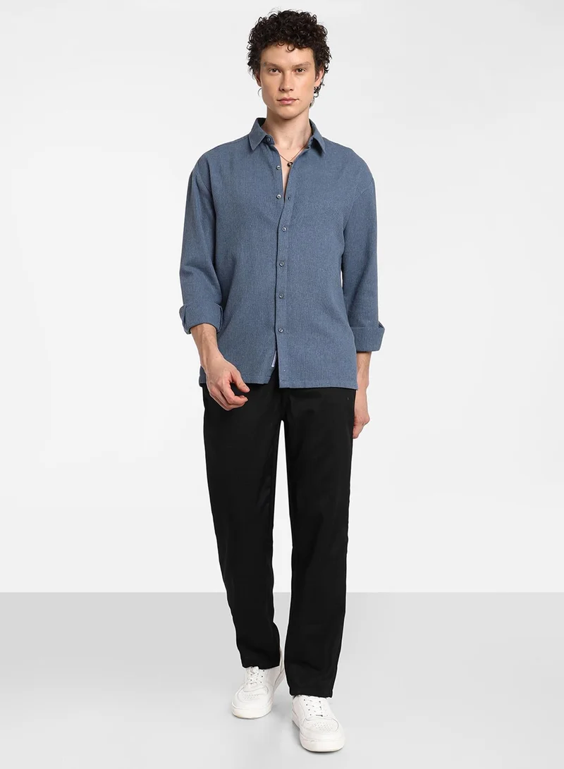 CAHOOT  Men's Lapis Blue Waffle-Knit Shirt For Casual Wear | Spread Collar | Long Sleeve | Button Closure | Shirt Crafted With Comfort Fit For Everyday Wear for Men | Best Price UAE