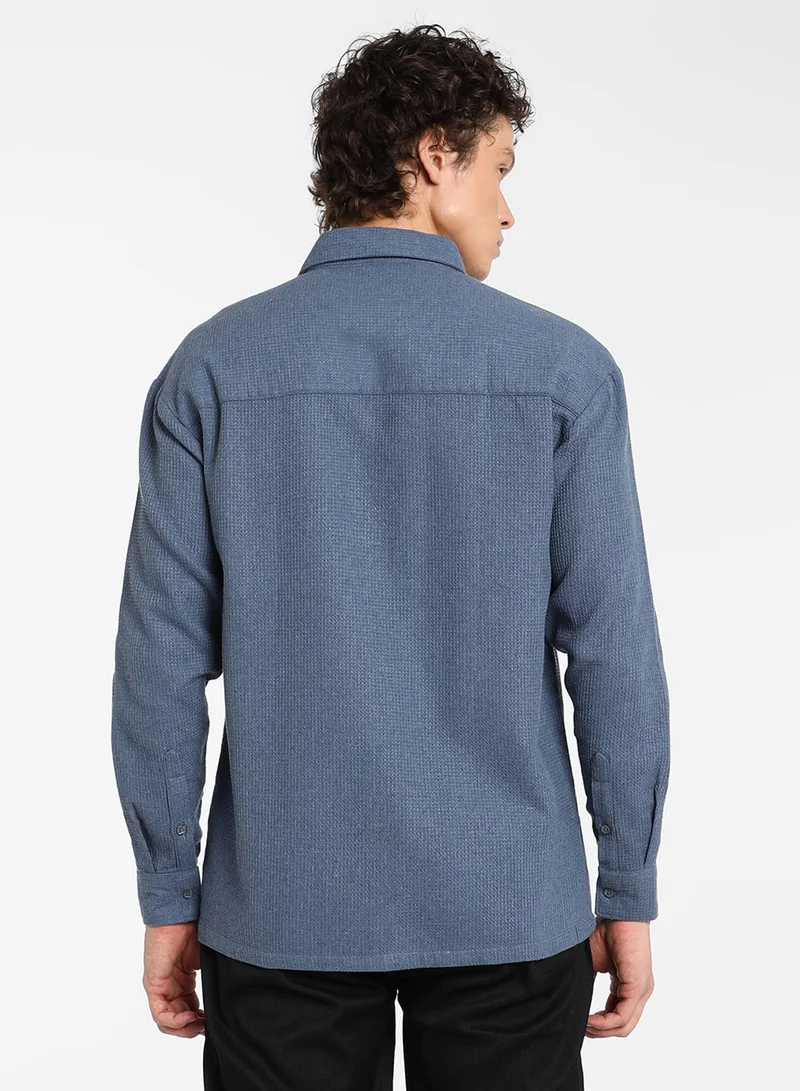 CAHOOT  Men's Lapis Blue Waffle-Knit Shirt For Casual Wear | Spread Collar | Long Sleeve | Button Closure | Shirt Crafted With Comfort Fit For Everyday Wear for Men | Best Price UAE