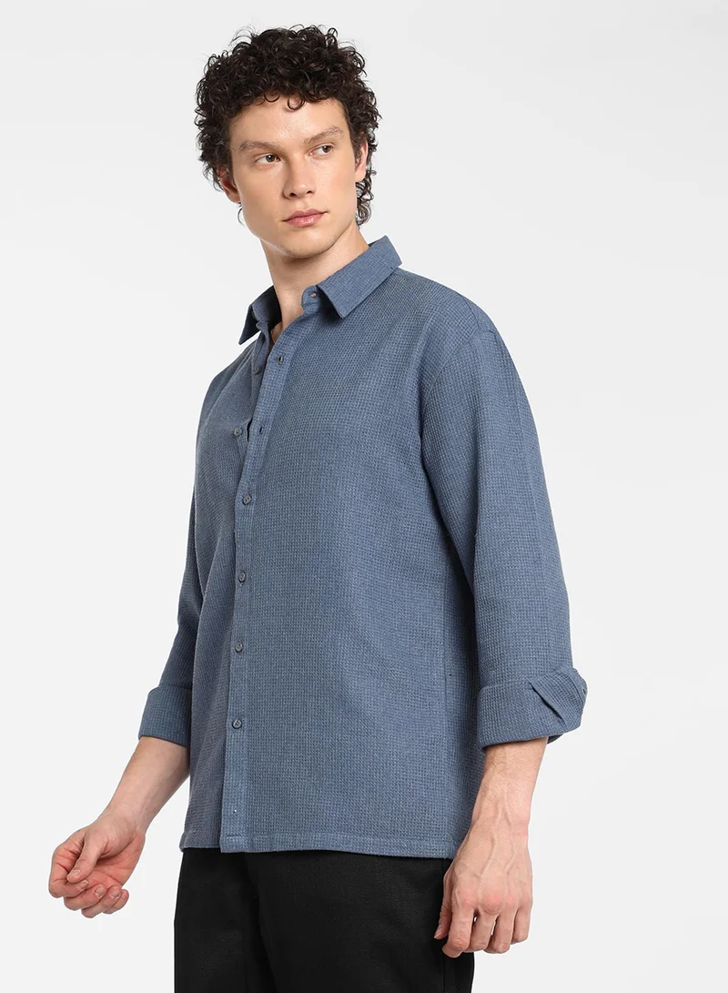 CAHOOT  Men's Lapis Blue Waffle-Knit Shirt For Casual Wear | Spread Collar | Long Sleeve | Button Closure | Shirt Crafted With Comfort Fit For Everyday Wear for Men | Best Price UAE