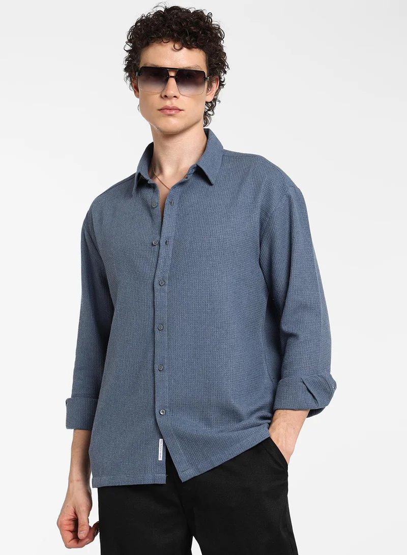 كامبوس سوترا Men's Lapis Blue Waffle-Knit Shirt For Casual Wear | Spread Collar | Long Sleeve | Button Closure | Shirt Crafted With Comfort Fit For Everyday Wear