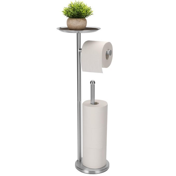 TOILET PAPER HOLDER FREESTANDING WITH BIG SHELF 4 ROLLS RESERVE PAPER HOLDER STAND MODERN PAPER ROLL HOLDER WITH STORAGE SPACE FOR PHONES BRUSHED NICKEL