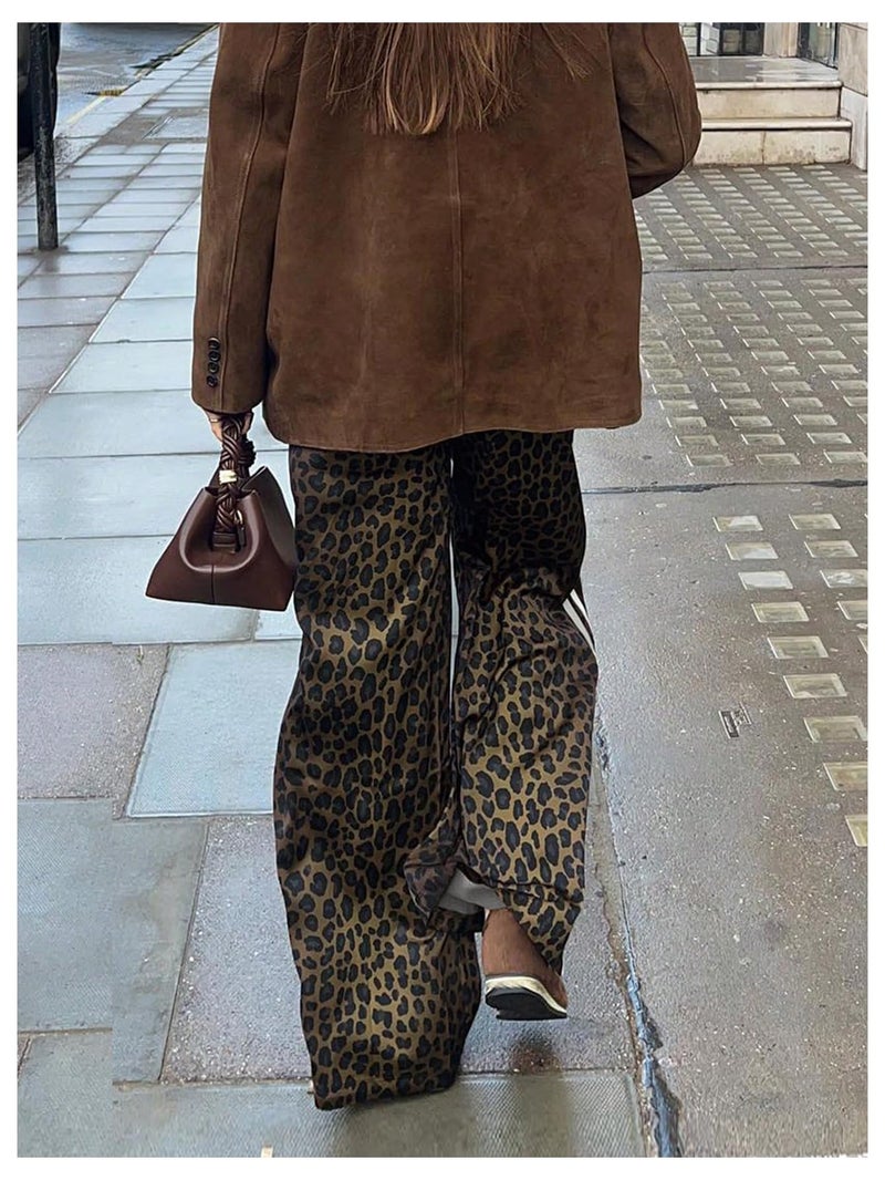 SHENHE Women's Cheetah Print Wide Leg Baggy Pants Y2k Side Loose Streetwear Trousers Dark Brown Small - Image 3