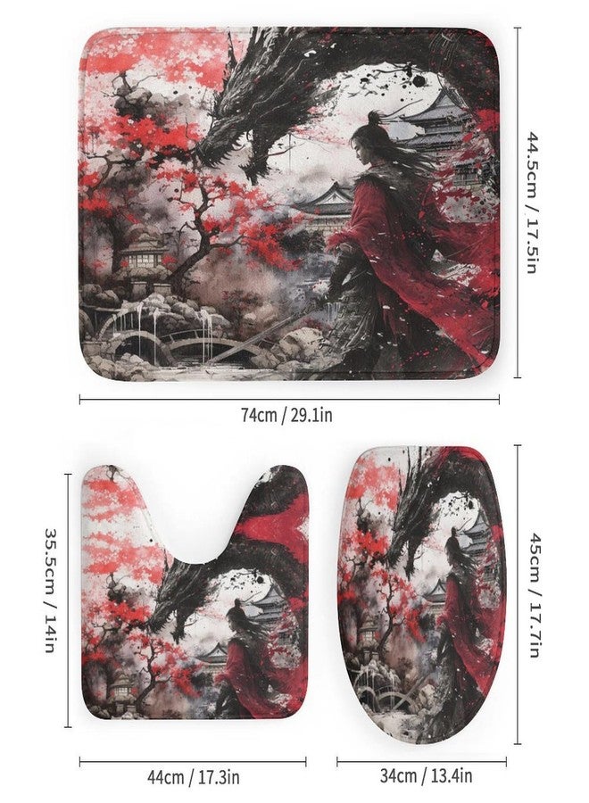 FBMLBRB 4 Pcs Rustic Japanese Samurai Dragon Shower Curtains Set,Abstract Japanese Ink Painting Ancient Architecture Cherry Blossom Flo Bathroom Set Waterproof Toilet Cover Shower Mat Rugs - Image 3