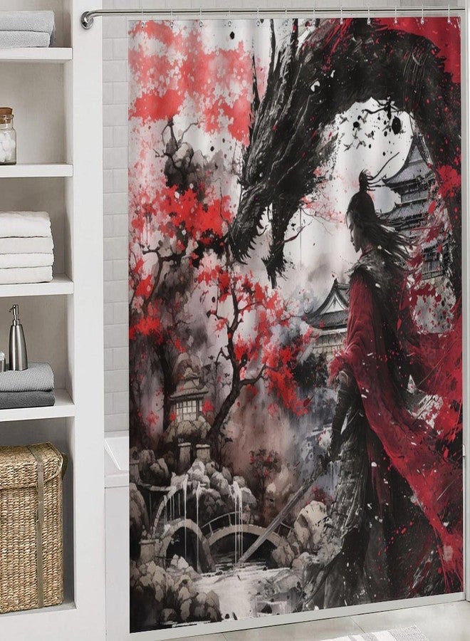FBMLBRB 4 Pcs Rustic Japanese Samurai Dragon Shower Curtains Set,Abstract Japanese Ink Painting Ancient Architecture Cherry Blossom Flo Bathroom Set Waterproof Toilet Cover Shower Mat Rugs - Image 5