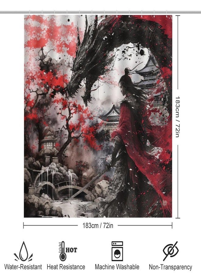 FBMLBRB 4 Pcs Rustic Japanese Samurai Dragon Shower Curtains Set,Abstract Japanese Ink Painting Ancient Architecture Cherry Blossom Flo Bathroom Set Waterproof Toilet Cover Shower Mat Rugs - Image 2