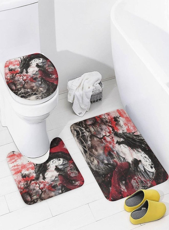 FBMLBRB 4 Pcs Rustic Japanese Samurai Dragon Shower Curtains Set,Abstract Japanese Ink Painting Ancient Architecture Cherry Blossom Flo Bathroom Set Waterproof Toilet Cover Shower Mat Rugs - Image 4