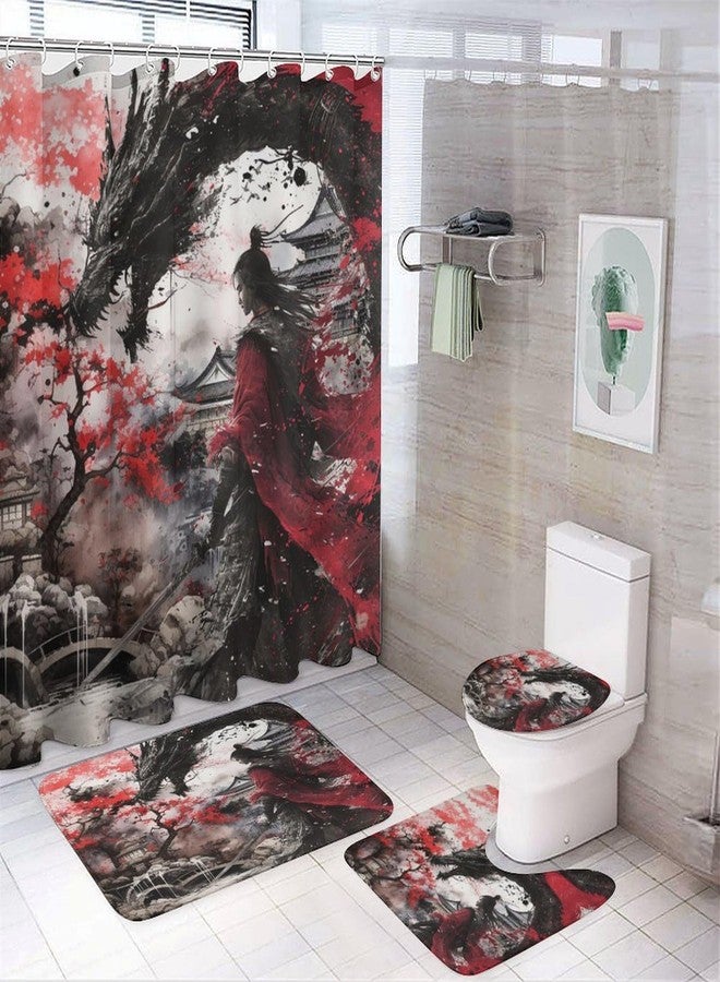 FBMLBRB 4 Pcs Rustic Japanese Samurai Dragon Shower Curtains Set,Abstract Japanese Ink Painting Ancient Architecture Cherry Blossom Flo Bathroom Set Waterproof Toilet Cover Shower Mat Rugs - Image 1