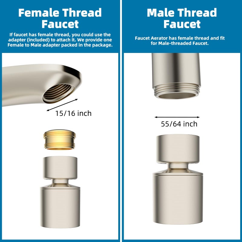 Hibbent NSF/ANSI/CAN 61 Certified Faucet Aerator, 360Â° Swivel Kitchen Sink Aerator, CUPC Certification 2-Flow Sink Sprayer Attachement, Faucet Replacement Part 55/64 Inch Female Thread, Brushed Nickel - Image 2