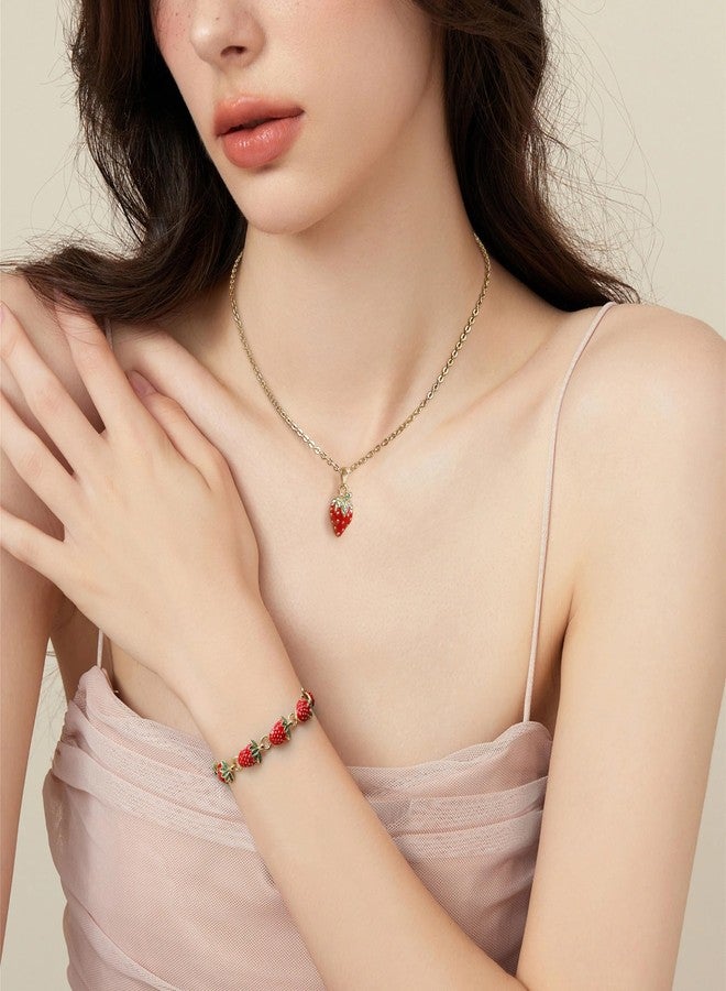 FANZE Strawberry Earrings/Necklace/Bracelet xquisite cute cartoon Cute Strawberry Gold Jewelry Fruit Charm for Women Party Birthday Gifts - Image 4