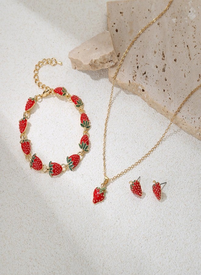 FANZE Strawberry Earrings/Necklace/Bracelet xquisite cute cartoon Cute Strawberry Gold Jewelry Fruit Charm for Women Party Birthday Gifts - Image 5