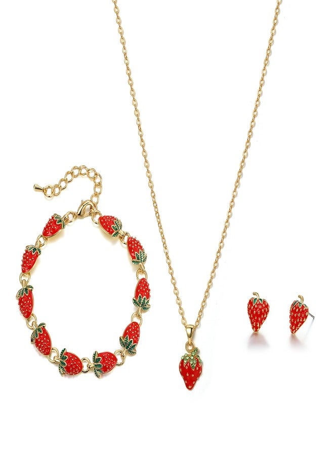 FANZE Strawberry Earrings/Necklace/Bracelet xquisite cute cartoon Cute Strawberry Gold Jewelry Fruit Charm for Women Party Birthday Gifts - Image 1